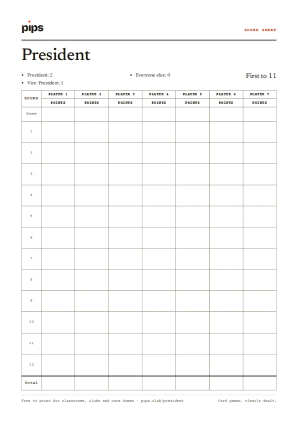 The President score sheet: a table with a column for each player and a row for each round